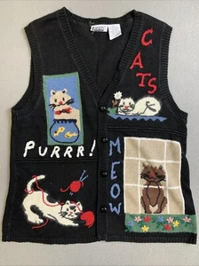 Capacity Sweater Vest Woman Size Small Black Ramie Blend Playful Cats Meow - Picture 1 of 18