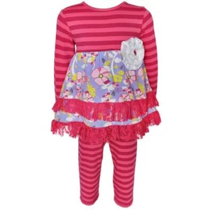 AnnLoren Girls Boutique Pink Floral Striped Dress with Leggings 12-18 Months - Picture 1 of 3