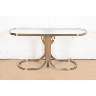 Design Institute America Modern Brushed Steel and Brass Glass Top Console Table - Image 1 of 4