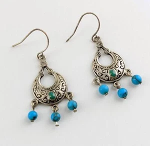 Silver Plated Vintage Mexican Bohemian Turquoise Chandelier Teardrop Earrings - Picture 1 of 12
