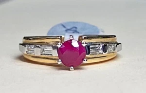 Round Red Ruby 1.00 ct Baguette Diamond 14k Two-Tone Gold Ring Sz 6.5, 1.34ctw - Picture 1 of 16