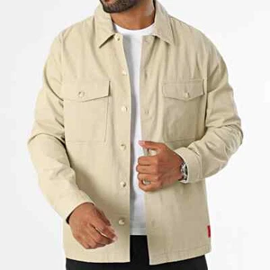 HUGO BOSS Casual Cotton Shirt Overshirt Logo Label Oversized Fit Beige - Size M - Picture 1 of 9