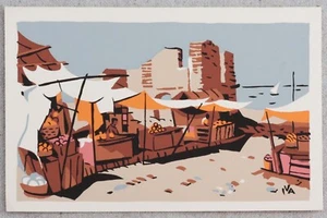 Vintage 1950s Puerto Vallarta Mexican Silk Screen Print Farmers Market Vendors - Picture 1 of 3