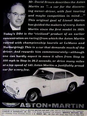 Mr. David Brown 1962 Aston-Martin DB4 anuncio impreso original 8,5 x 11" Foto 1 de 4