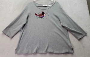 Camisa Top Quacker Factory Mujer Grande Gris Tejida Lentejuelas Cardenales Cuello Redondo Abertura - Imagen 1 de 9