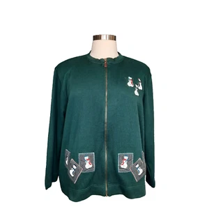 Vintage Karen Scott Weihnachtspullover Damen 2X dunkelgrün durchgehender Reißverschluss Schneemann Urlaub - Bild 1 von 15