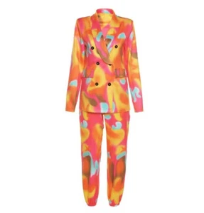 Women 2PC Set Long Sleeve Print Blazers + Elastic Pants Suit Office Outfit #J3 - Picture 1 of 13