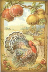 Vintage Thanksgiving Postcard RETRO Antique NEW REPRINT Turkey Apples Farm - Picture 1 of 2