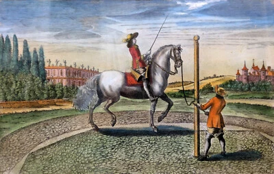 Peter TROSCHEL 1620-1667 Kupferstich 17. Jh REITSCHULE Pferd Reiter Schloß ANTIK - Bild 1 von 4