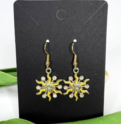 Handmade yellow celestial sun rhinestone enamel charm hook earrings gold jewelry - Image 1 of 4