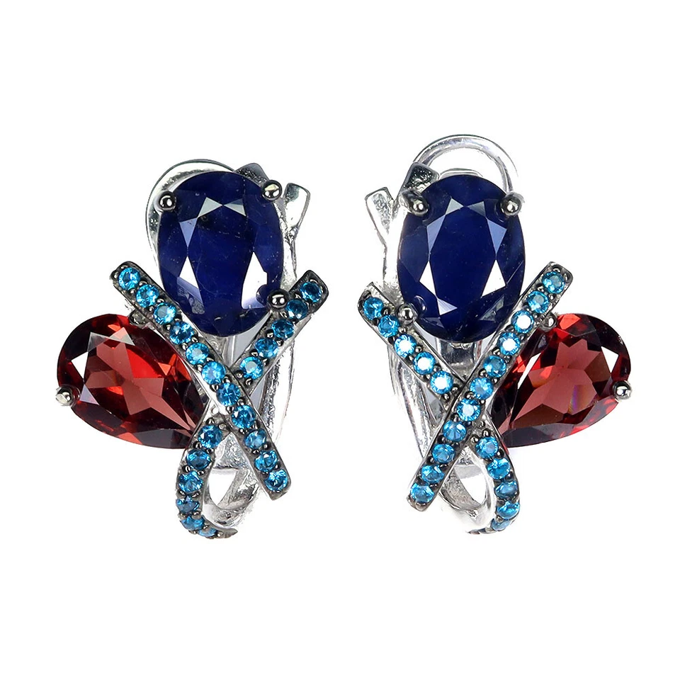 Pendientes de plata de ley 925 con zafiro azul ovalado 9x6 mm joyas de piedras preciosas naturales Foto 1 de 4