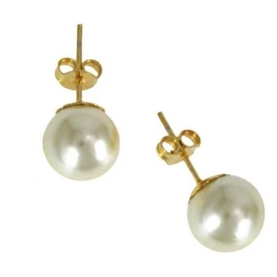 Bonitos nuevos aretes clásicos con poste de perlas blancas de 10 mm rellenos de oro amarillo  Foto 1 de 4