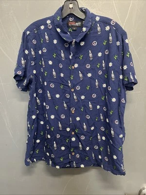 Men’s Coca-Cola Aero Blue Button Up Short Sleeve Shirt Cactus Daisy Large - Image 1 of 3