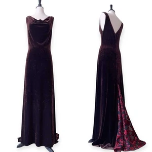 Vintage 90s Brown Velvet Maxi Gown With Floral Train Size 12 Prom Dress Wedding - Picture 1 of 17