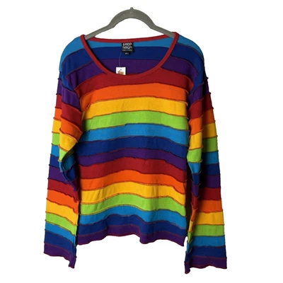 NUEVO Top Para Mujer Talla Mediana Grande Rayas Arco Iris Algodón Mangas Largas Informal Foto 1 de 4