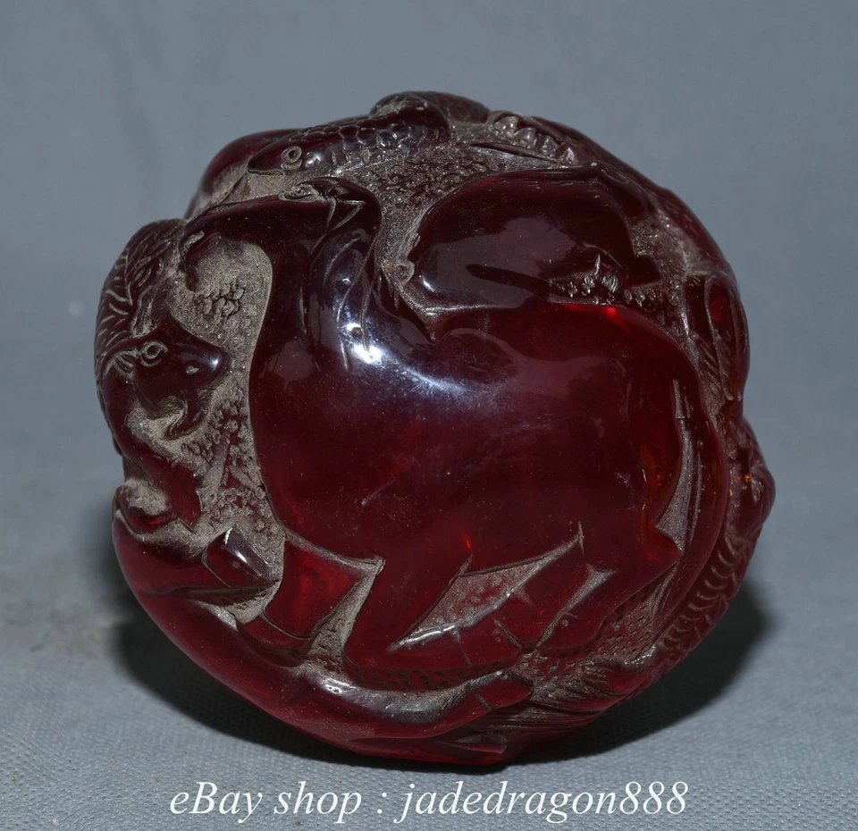 4" Old Chinese Marked Red Amber Carved 12 Zodiac Year Animal Pattern Round Ball - Image 1 of 4