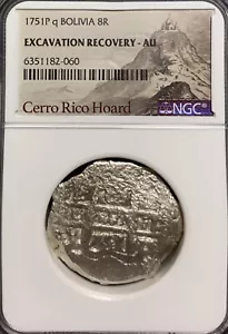 1751P q Bolivia 8 Reales NGC AU Scavi Recupero RARO Cerro Rico Hoard - Foto 1 di 4