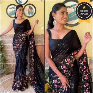 Women's sequence georgette Saree With Separate Blouse Piece - Picture 1 of 4