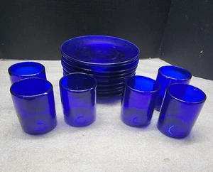 11 (8 Inch) Colbalt Blue Glass Plates With 6 Glasses. Used See Pics For Wear!! T - Picture 1 of 4