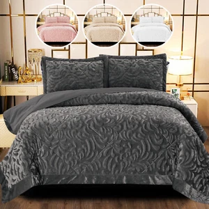 3 PCS Velvet Quilted Bedspread Throw & Pillow Shams Double King Size Bedding Set - Picture 1 of 25
