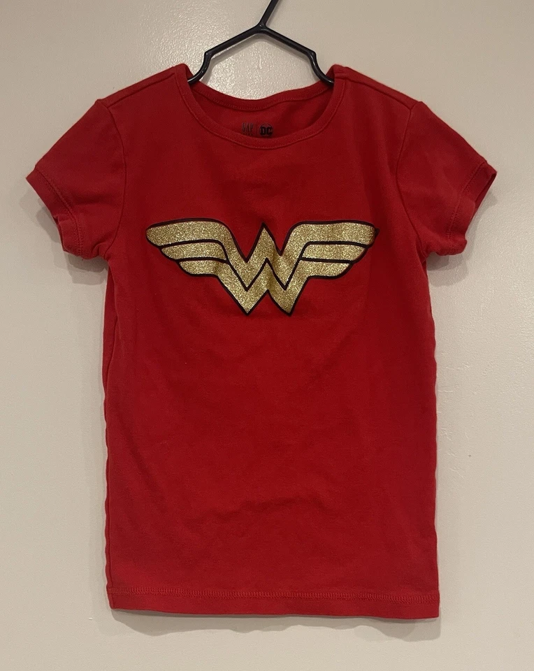 Gap Kids DC Girls Glitter Wonder Woman Logo Cotton Short Sleeve PJ Top Red Sz 10 - Image 1 of 4