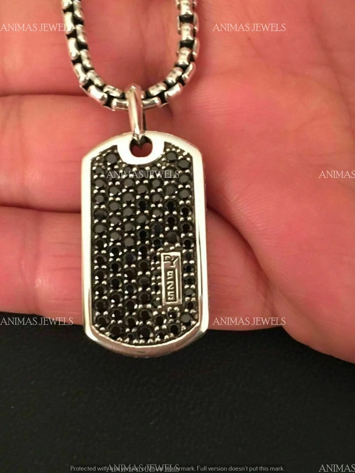 2 Ct Round Cut Black Moissanite Dog Tag Men's Pendant Charm 925 Sterling Silver - Image 1 of 3