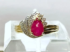 Pear Brilliant Ruby and Diamond 14k Yellow Gold Ring Size 6.75 - Picture 1 of 7