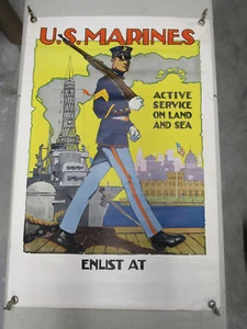 Original Antique U.S. MARINES WWI Military Enlistment Poster Active Service Land - Picture 1 of 13