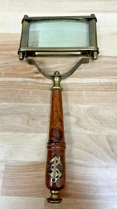 Vintage Brass Rectangular Magnifier with Wooden Handle & Nautical Brass Inlay - Picture 1 of 10