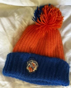 Vintage 70's 80's Broncos Beanie Winter Knit Pom Pom Hat Orange Blue NFL - Picture 1 of 6