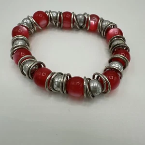 Costume Jewelry Bracelet Stretch Beaded Pink Silver Tone Shiny - Picture 1 of 3