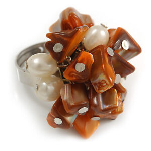 Burnt Orange Sea Shell Nugget and Cream Faux Freshwater Pearl Cluster Silver