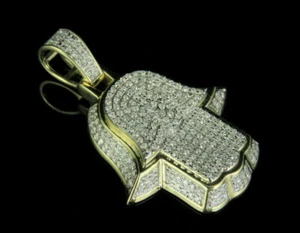 Men's 14K Yellow Gold Over Diamond Pave 3D Hamsa Hand Pendant Charm 0.90 CT 1.5" - Picture 1 of 6