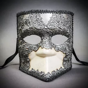 Mascarada Bauta Cara Completa Blanca Veneciana con Brocado Plateado Encaje Fiesta Máscara - Imagen 1 de 6