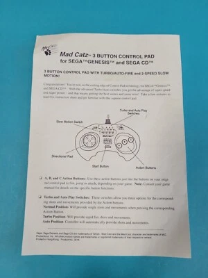 MAD CATZ 3 Button Auto/Turbo Fire & Slow Mo Controller Sega Genesis Instructions - Image 1 of 2