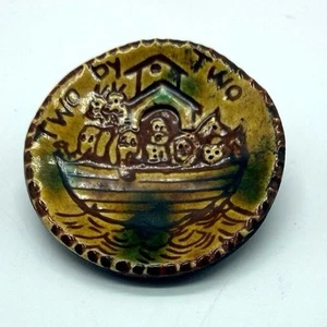 Vintage Handmade Pottery Brooch signed Two by Two Religious Pin Noah's Ark - Picture 1 of 6