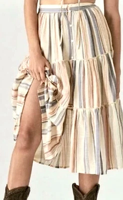 Lucky Brand Skirt Womens Size L Beige Multi Stripe Tiered Button Front Boho Midi - Image 1 of 4