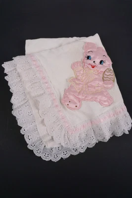 1950's Baby Blanket Throw Pink Lace Trim Satin Appliqué with Pink Bear 36" x 36" - Image 1 of 4