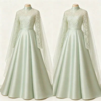 Vintage Light Green Wedding Dresses High Neck Satin A Line Bridal Gowns - Image 1 of 4
