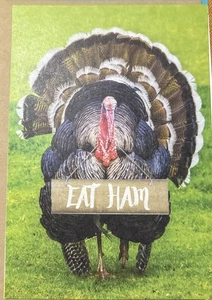 Happy Thanksgiving Funny Turkey With sign Eat Ham Greeting Card  - Picture 1 of 5