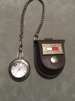 Vintage Tommy Hilfiger Gold Tone Pocket Watch With Brown Leather Case  - Image 1 of 4