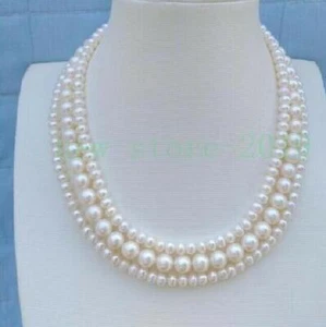 3 strands 4-7mm Real Natural AAA+Akoya White Pearl Necklace 18"-20" 14k Gold P - Picture 1 of 5