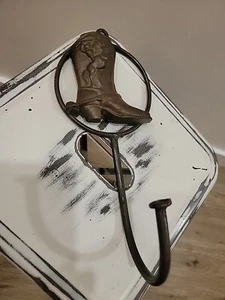 Cowboy Boot Hook Coat Hook w/ Bucking Horse 12" x 5 1/2" wide brown cast metal - Picture 1 of 4