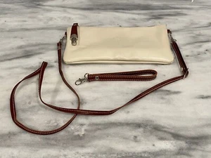 VERA PELLE Genuine Leather Ivory & Brown Crossbody Clutch Bag MINT - Picture 1 of 7