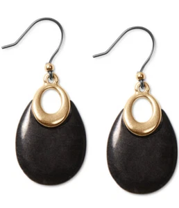 $29 NWT LUCKY BRAND GOLD TONE CARVED BLACK STONE DROP EARRINGS- I7AA - Picture 1 of 2