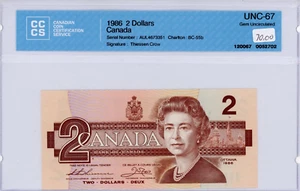 1986 Bank of Canada $2 Banknotes - CCCS Graded Gem Unc-67  - AUL Prefix - Picture 1 of 2