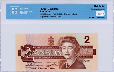 1986 Bank of Canada $2 Banknotes - CCCS Graded Gem Unc-67  - AUL Prefix - Image 1 of 2