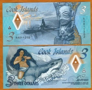 Islas Cook, $3, 2021, Naked Ina & a Shark, P-Nuevo, prefijo AA de polímero, gema unc - Imagen 1 de 1