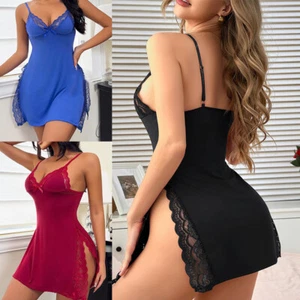 Camicia da notte donna sexy scollo a V profondo lingerie troia spaghetti spalline spaghetti spacco laterale - Foto 1 di 23