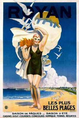 BEACH GIRL ROYAN SUMMER TRAVEL CASINO GOLF TENNIS FRANCE VINTAGE POSTER REPRO - Image 1 of 3